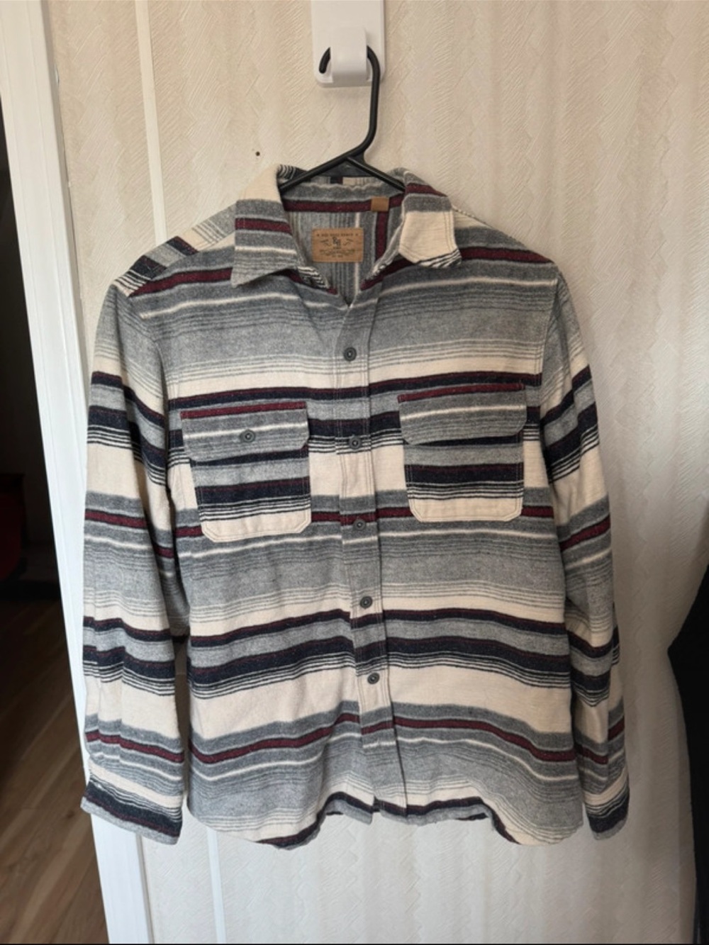 Men's Striped Casual Button-Down Shirt Jacket in Gray, Cream & Navy